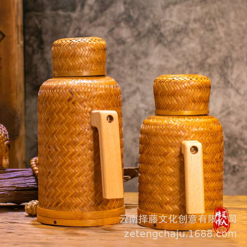 竹编老式家用热水瓶茶室开水瓶传统木塞玻璃内胆保温壶民宿怀旧