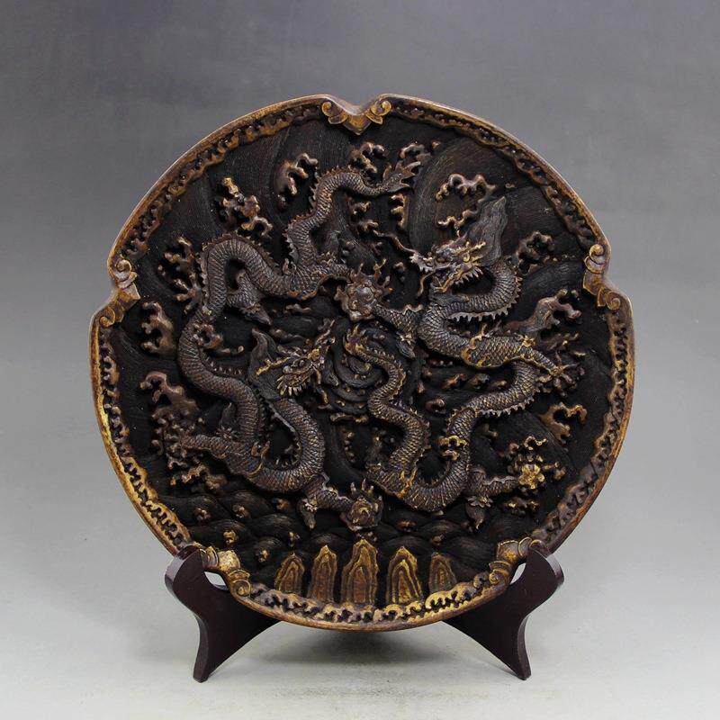 古玩复古玉器工艺品仿雪花玉双龙戏珠盘子摆件 送架子