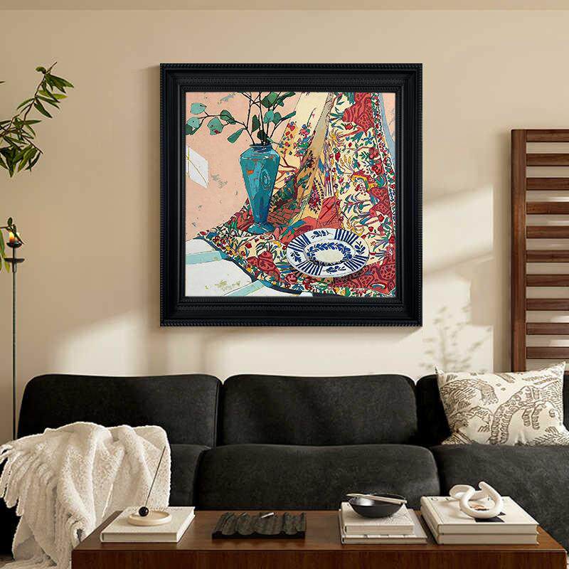 美式复古红色手绘油画静物抽象装饰画方形客厅餐厅挂画玄关肌理画