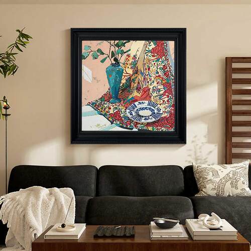 美式复古红色手绘油画静物抽象装饰画方形客厅餐厅挂画玄关肌理画