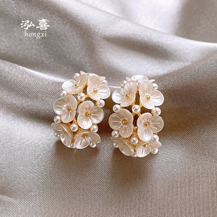 925银针耳饰法式复古贝壳花朵珍珠C圈耳钉女轻奢小众气质百搭耳环