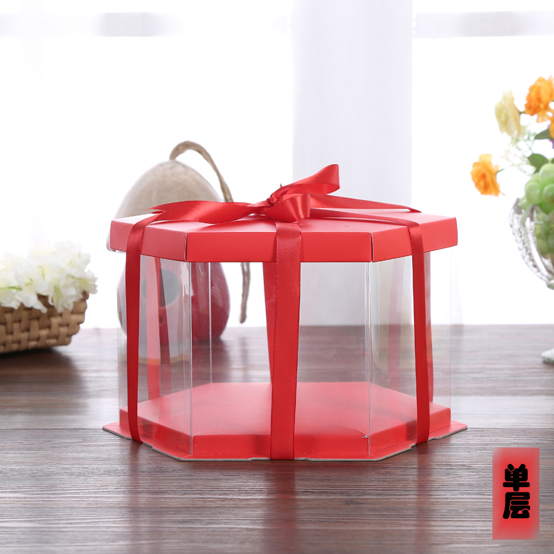 红色透明蛋糕盒子 6/8/10/12寸双层加高六角塑料生日蛋糕盒子定制