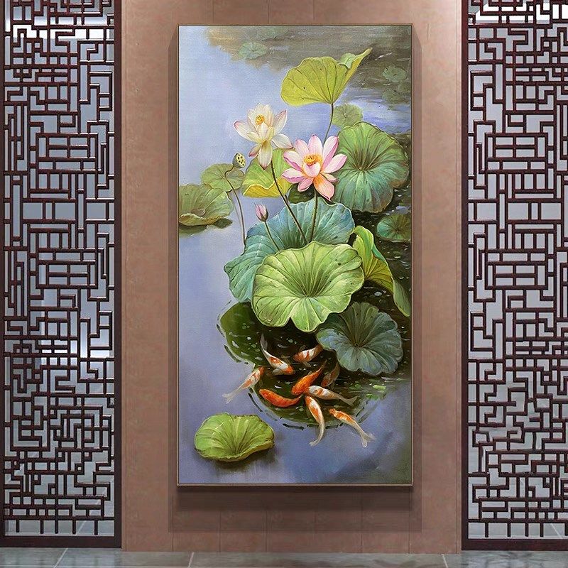 手绘荷九鱼图油画现代走廊玄关装饰画过道挂画竖客厅壁画