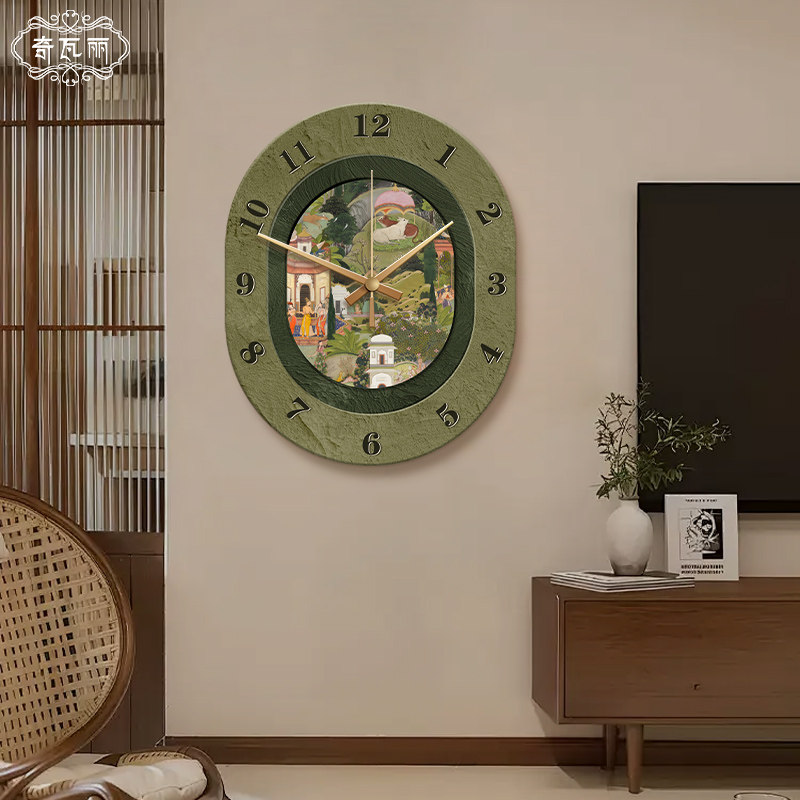 法式复古挂钟客厅沙发背景墙装饰画中古风玄关挂画钟表挂墙绿色系