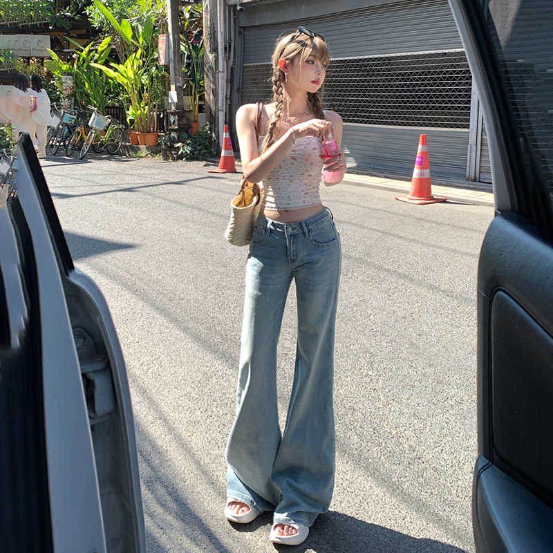 低腰微喇叭牛仔裤女 春夏新款辣妹不贴腿显瘦美式复古直筒拖地裤