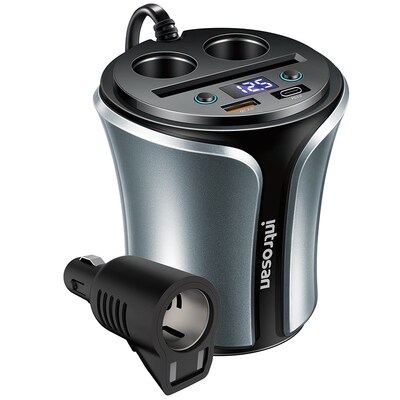 英才星 车载充电器D杯式一拖二大功率点烟器数显多功能Q.