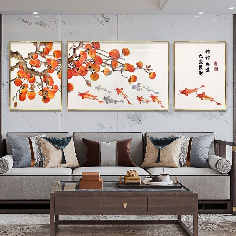 珐琅彩装饰画客厅沙发背景墙九鱼图壁画事事如意柿子招财挂画,家居饰品,现代装饰画,淘宝优惠券,粉丝福利购,淘宝优惠卷
