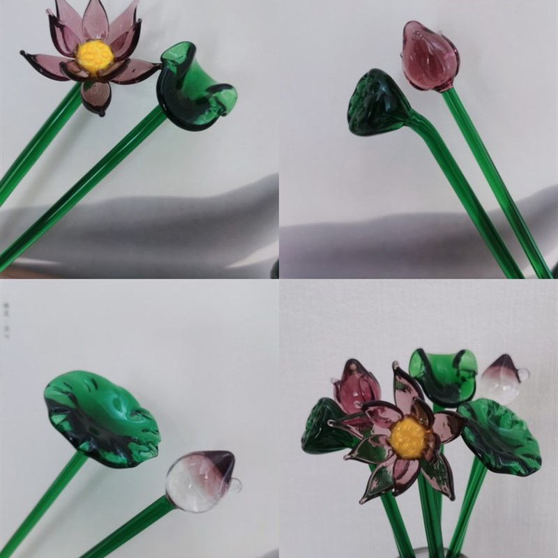 手工玻璃夏日荷花双层卷叶莲蓬客厅桌面家居装饰仿真摆件小口瓶