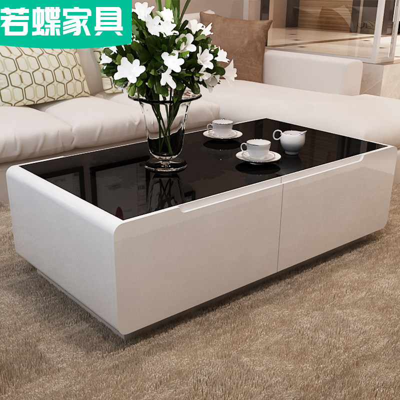 若蝶 烤漆客厅小户型茶桌 黑白色现代茶几钢化玻璃电视柜