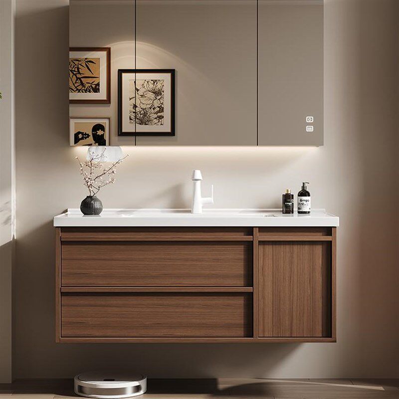 骨骼线中古风胡桃木陶瓷一体盆浴室柜洗手洗脸盆洗漱台