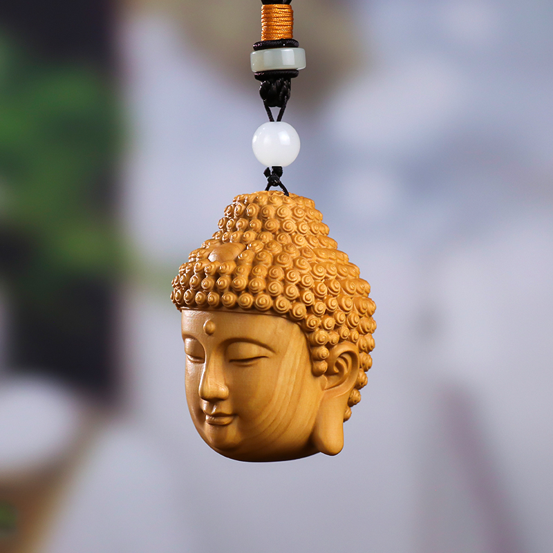 黄杨木雕释迦摩尼如来佛头手把件中式实木盘玩工艺品吊坠挂件