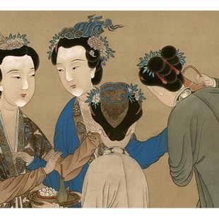 :唐寅王蜀宫妓四美图唐伯虎仕女图挂画复制客厅仿古装饰画