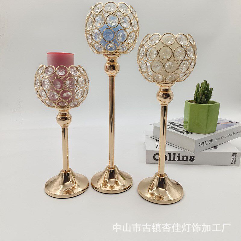 厂家直销金色水晶烛台欧式铁艺摆件金属蜡烛台工艺品客厅摆件