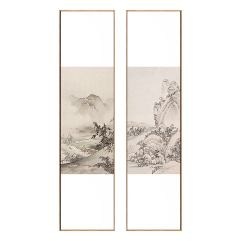 山水人家新中式原木风客厅装饰画山水工笔画日式挂画玄关壁画竖幅