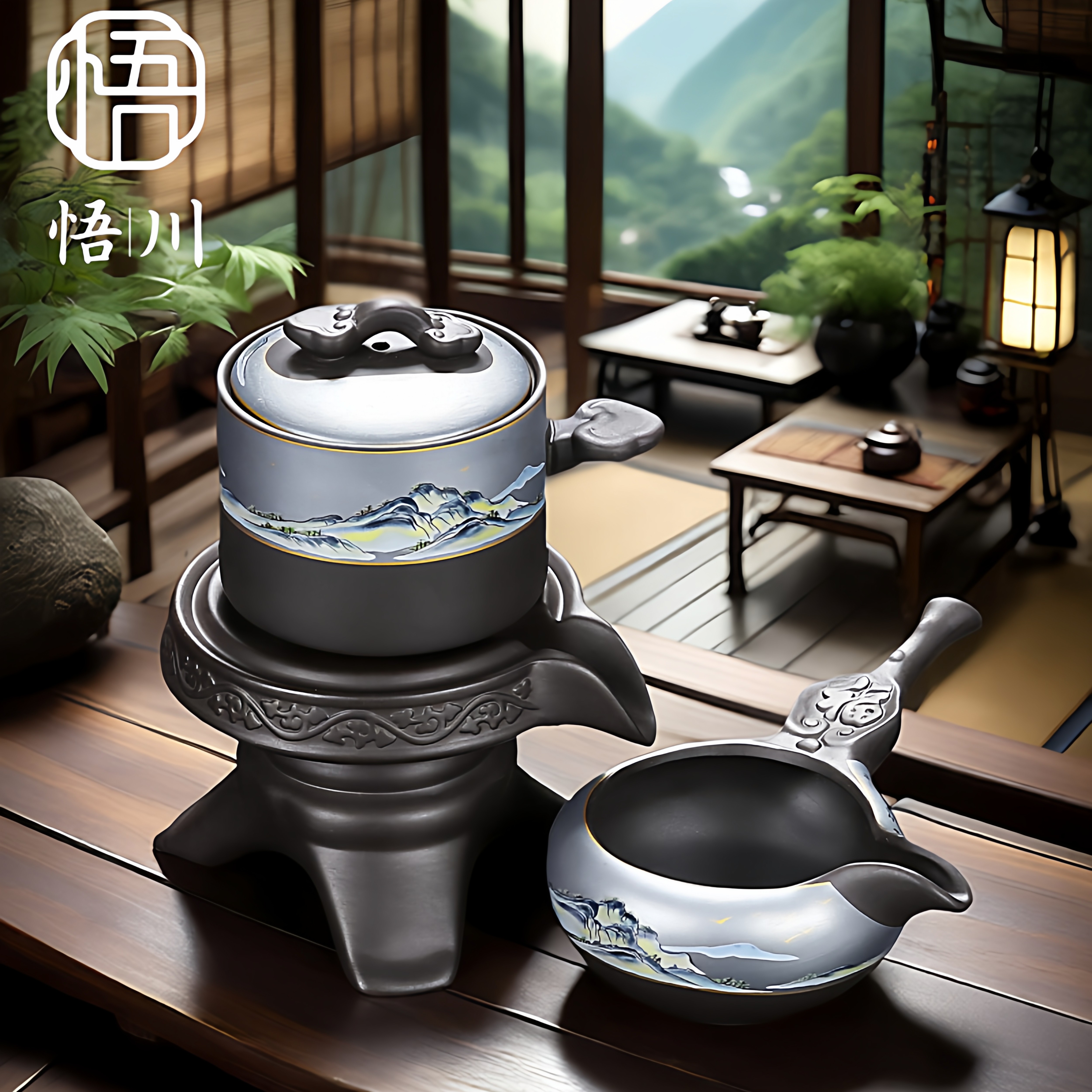 紫砂石磨自动茶具茶漏一体泡茶壶图片