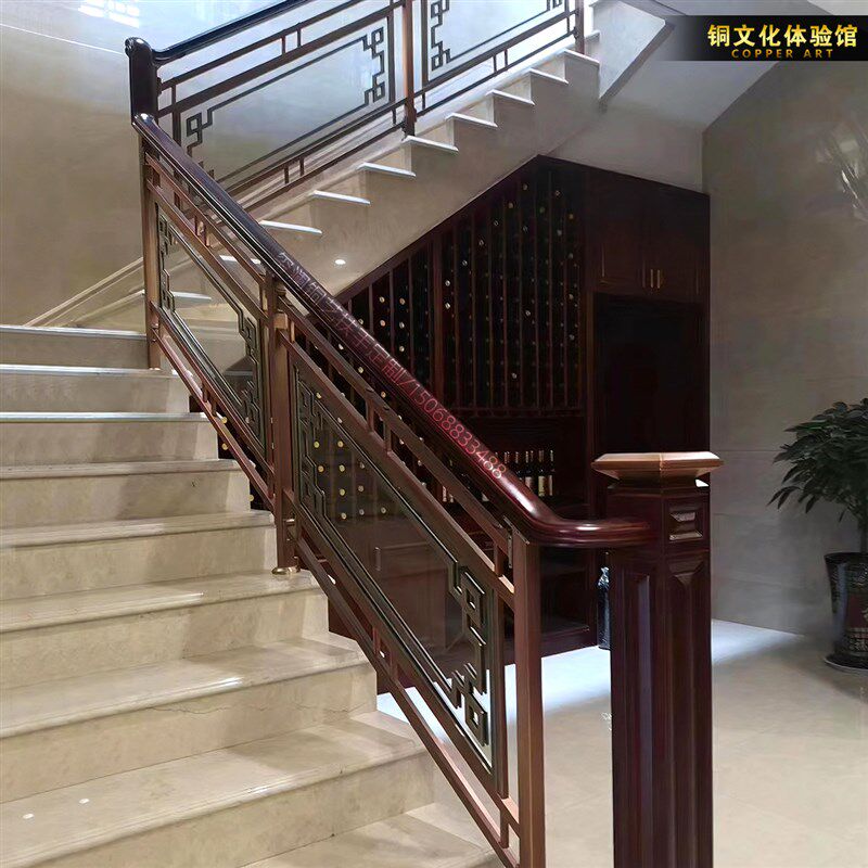 别墅室内扶手古铜拉丝豪华护栏钢化栏杆