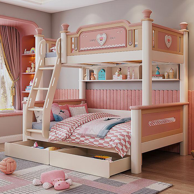 儿童床上下床女孩公床全实木子母高低床层床带梯柜米