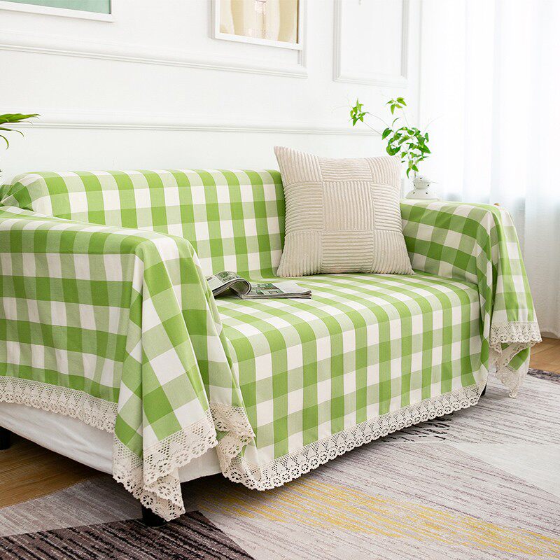 棉麻大格子布艺沙发巾蕾丝边加厚四季通用全包一体沙发盖布毯子