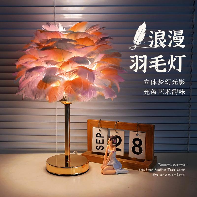 欧式时尚网红羽毛台灯结婚庆装饰暖光白色卧室床头创意客厅小灯饰