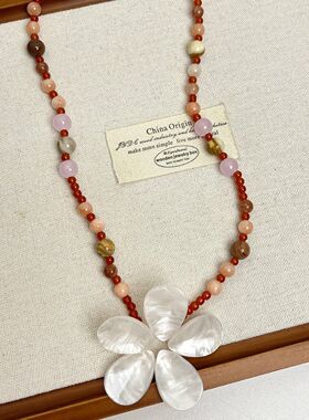 Vintage古着彩色串珠贝壳花朵项链女波西米亚度假风百搭锁骨链潮