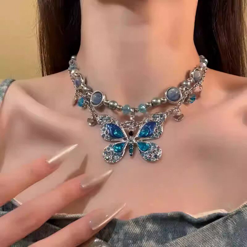 甜酷辣妹多层蓝色蝴蝶项链小众设计感复古串珠锁骨链Y2K朋克项链