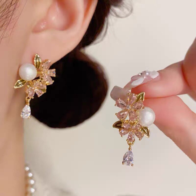 小清新粉色花朵水滴耳坠甜美百搭