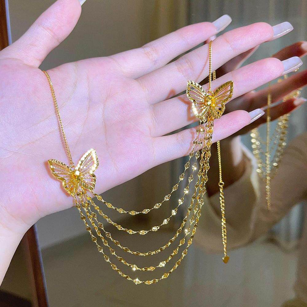 黄金色镂空蝴蝶蕾丝流苏项链女轻奢小众时尚高级感气质仙女锁骨链