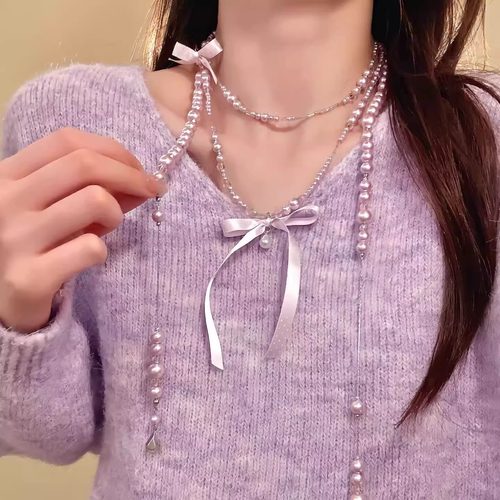 法式复古紫色波点蝴蝶结珍珠长项链女甜美温柔少女感高级感毛衣链
