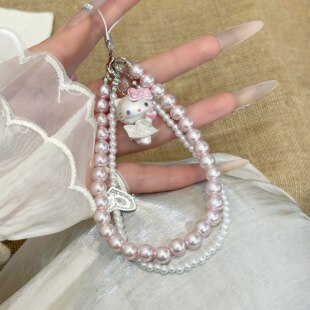 超可爱双层粉珠闪钻鱼尾KT猫手机链女相机挂绳甜美小众包挂钥匙扣