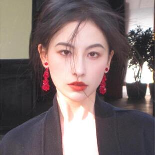 暗红色花朵耳坠脸大适合耳环手工编织复古夸张轻奢串珠无耳洞耳夹