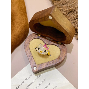 黄金色hello猫kitty满钻彩宝kt猫戒指女轻奢可爱猫咪印章宽面指环
