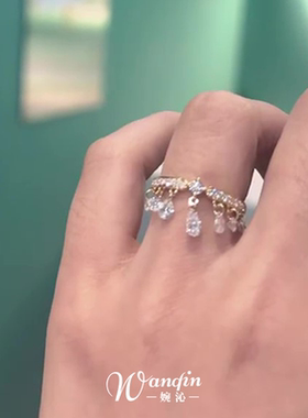 「悬河星坠」爆闪水滴流苏排钻戒指韩系千金感小众时尚超仙食指戒