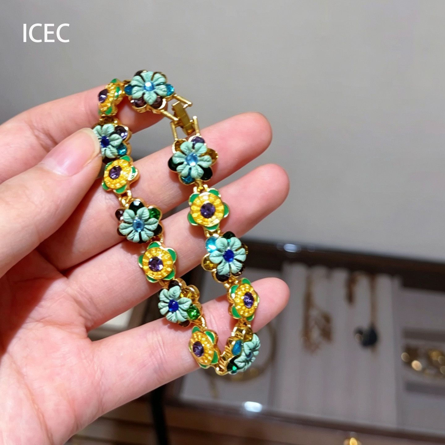 中古vintage复古珐琅釉彩色镶钻花朵手链重工高级感手环百搭手饰