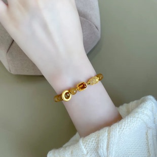 糖色蜜蜡花丝小葫芦黄水晶手链女新中式金色平安扣仿玉多宝手串女