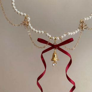 圣诞狂欢~多层红色蝴蝶结金摇铃吊坠珍珠项链秋冬新款毛衣链颈链