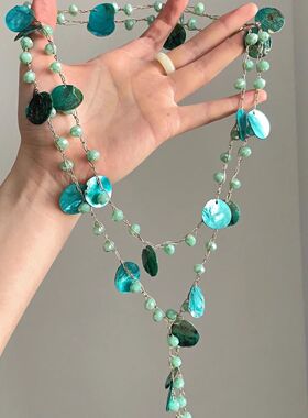 复古小众绿色仿贝壳项链女波西米亚民族风长款叠戴毛衣链多戴法