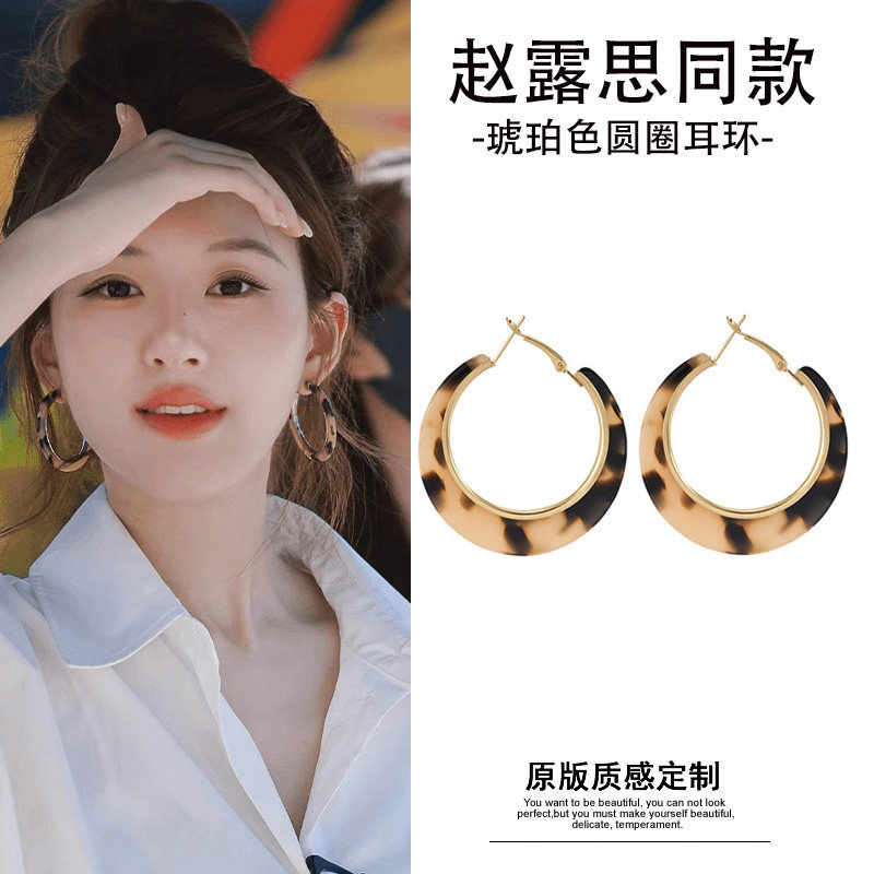 赵露思同款豹纹耳圈简约百搭耳环小众设计高级感大圆圈耳钉耳扣