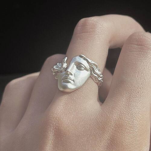vintage【古典雕塑】缪斯面具人银色戒指新款小众设计叠戴食指戒