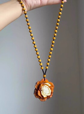 复古棕色串珠花朵项链女波西米亚民族风长款气质锁骨链配饰毛衣链