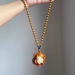 复古棕色串珠花朵项链女波西米亚民族风长款气质锁骨链配饰毛衣链