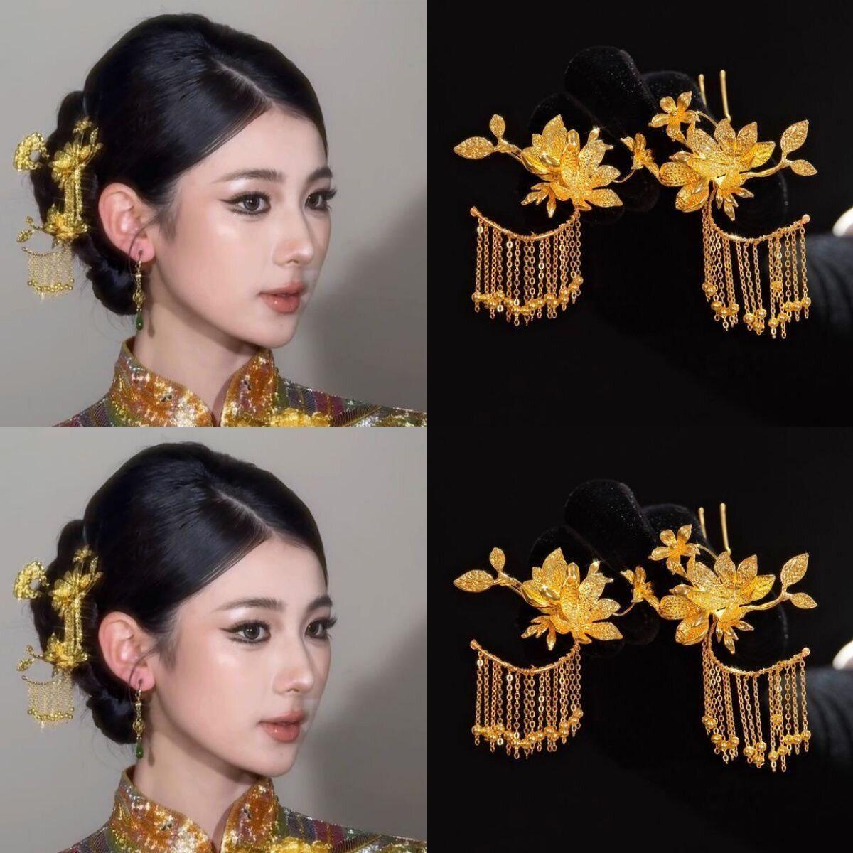 中式龙凤褂新娘发饰金色重工花朵发簪精致秀禾项链古典晨袍敬酒服