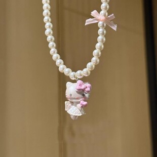 可爱粉色系带蝴蝶结KT猫吊坠珍珠项链女趣味长款颈链配饰锁骨链