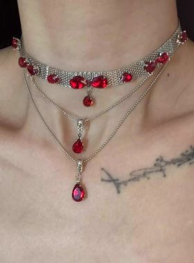 超闪红色吊坠满钻流苏项链多层叠戴气质高级感轻奢甜酷风choker
