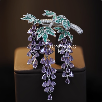 【紫晶藤梦】紫藤花胸针灵动流苏微镶女紫锆石优雅配饰胸花别针