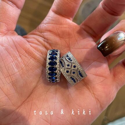 老钱风vintage华丽重工蓝色宝石排钻戒指女爆闪食指戒高级感贵气