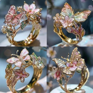 Wish新款 欧美精致闪钻滴油蝴蝶花朵女士开口粉色戒指独立站 饰品