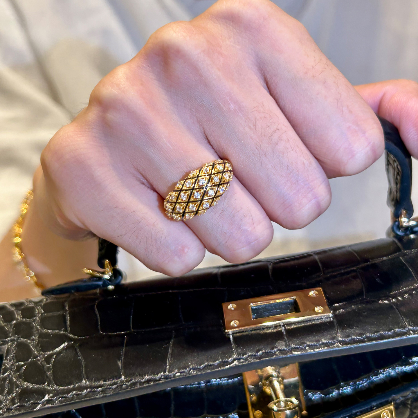 vintag中古黑金点钻菱格戒指女轻奢高级感精致食指戒小众设计指环