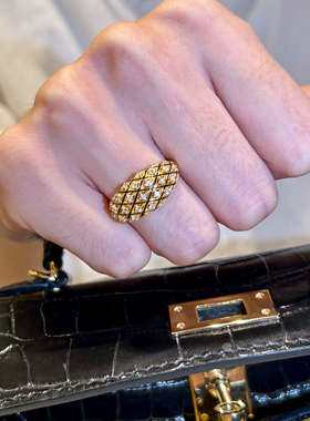 vintag中古黑金闪钻菱格戒指女轻奢高级感精致食指戒小众设计指环