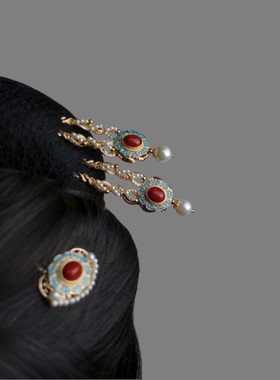 仿点翠烧蓝绞丝多宝蛋面发钗发簪花丝掐丝复古汉服秀禾服掩鬓簪子