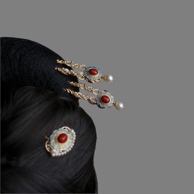 仿点翠烧蓝绞丝多宝蛋面发钗发簪花丝掐丝复古汉服秀禾服掩鬓簪子